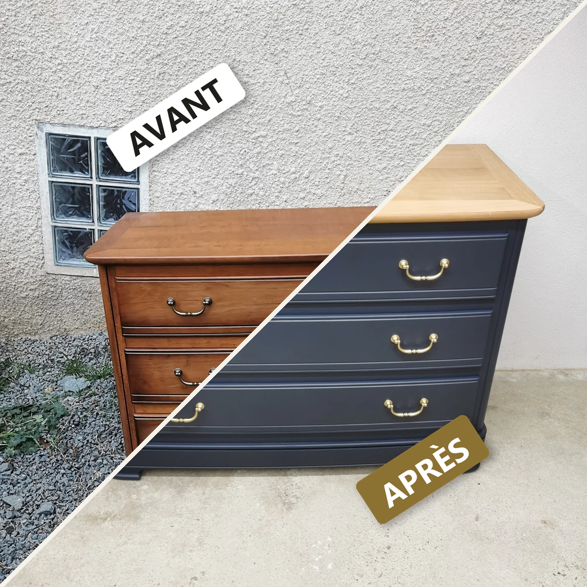 Avant / après — commode relookée bleu marine