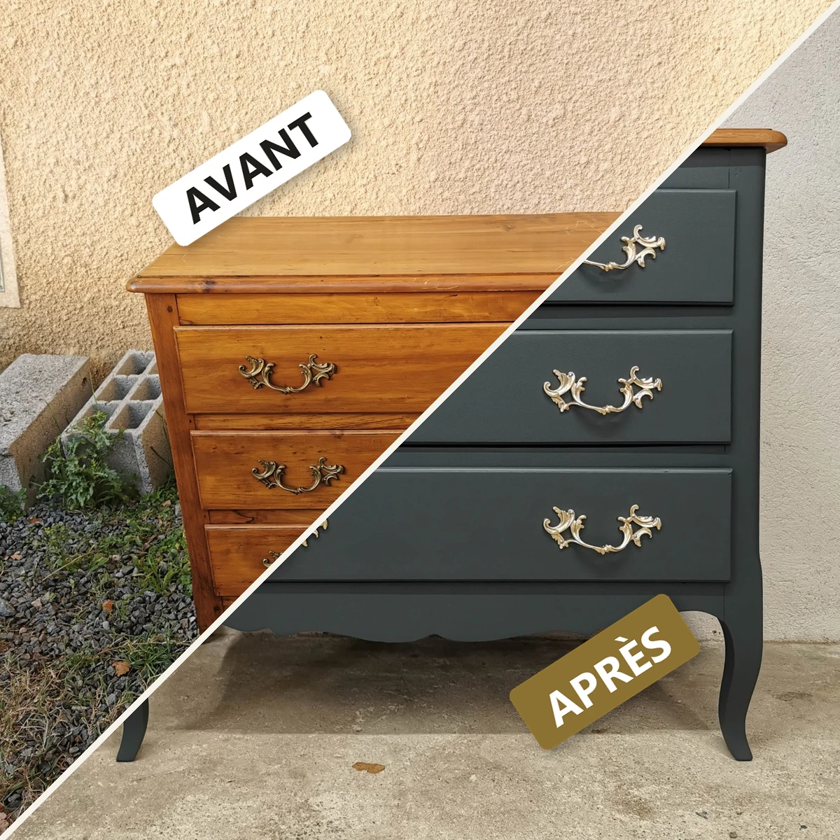 Avant / après — commode relookée bleu-gris