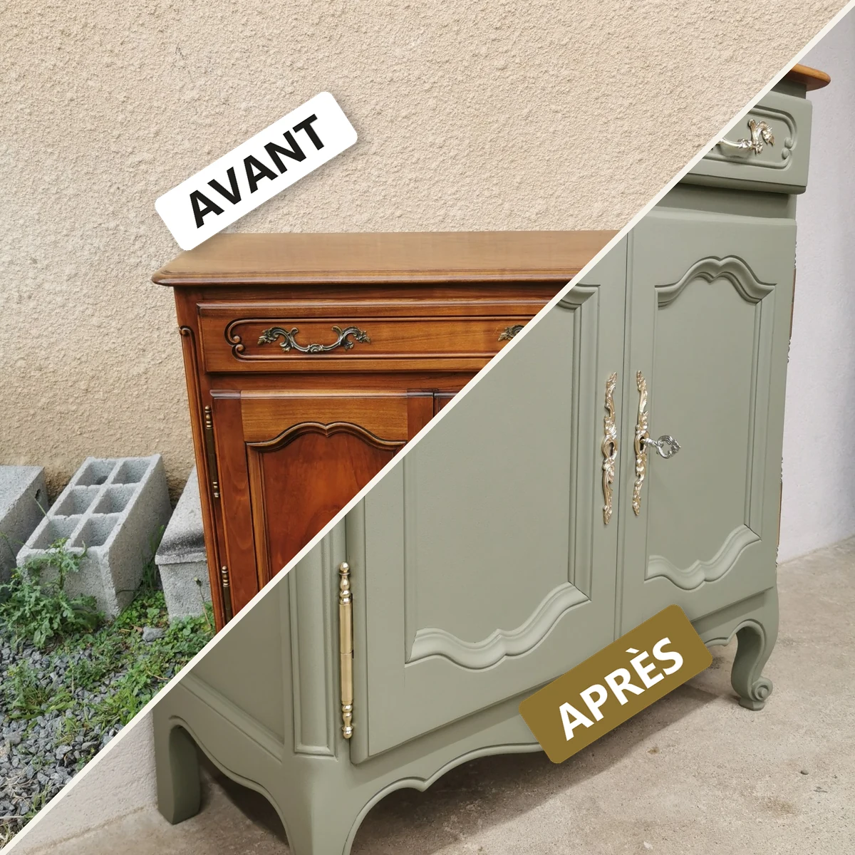 Avant / après — buffet relooké vert sauge