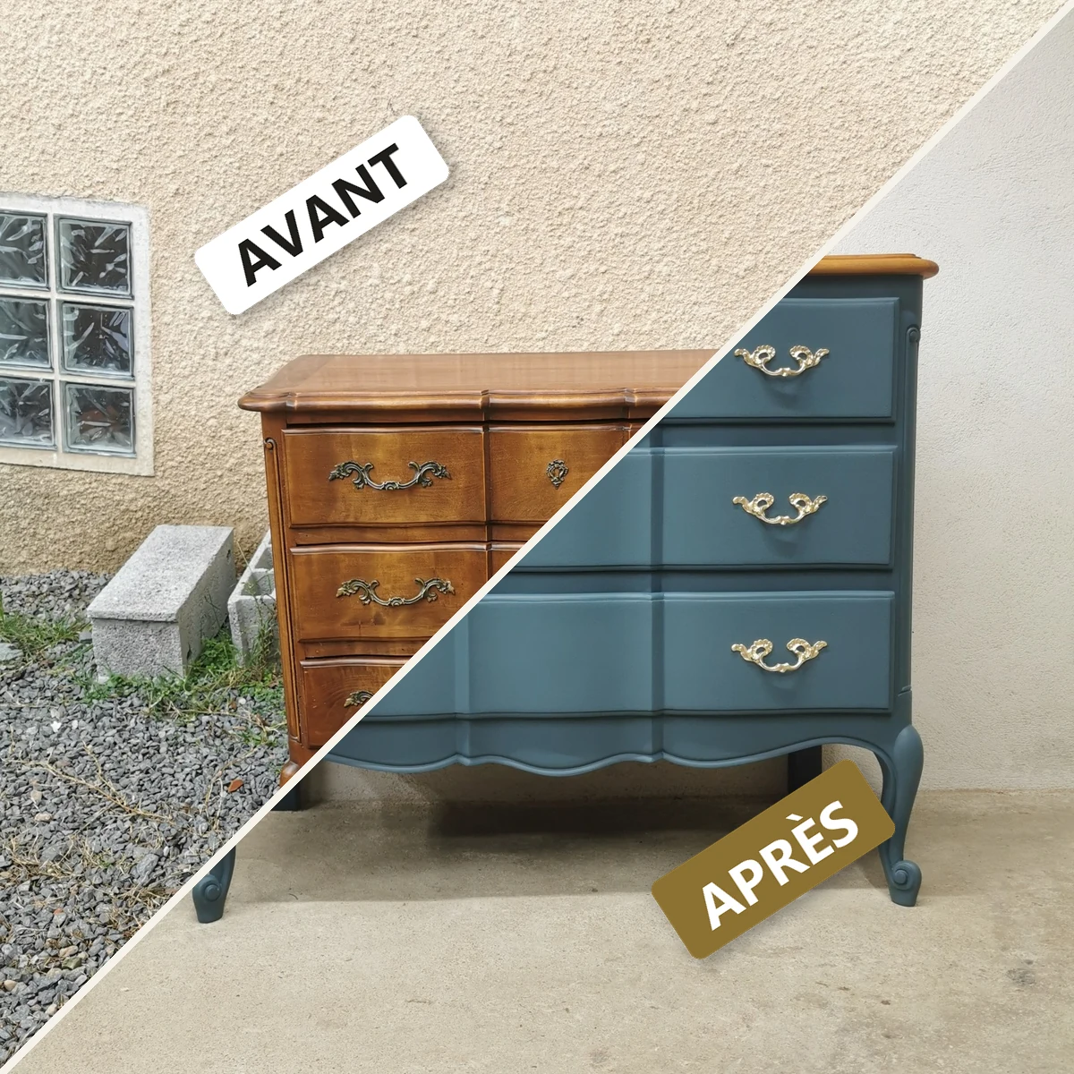 Avant / après — commode relookée bleue